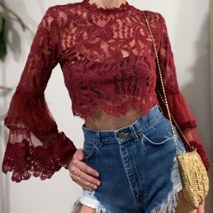 Seek the Label Red lace bell sleeve crop top